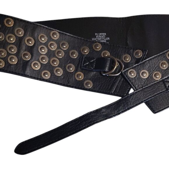 VTG Y2K Black Faux Leather Studded 3" Wide Grunge Belt Size Medium - Picture 14 of 15